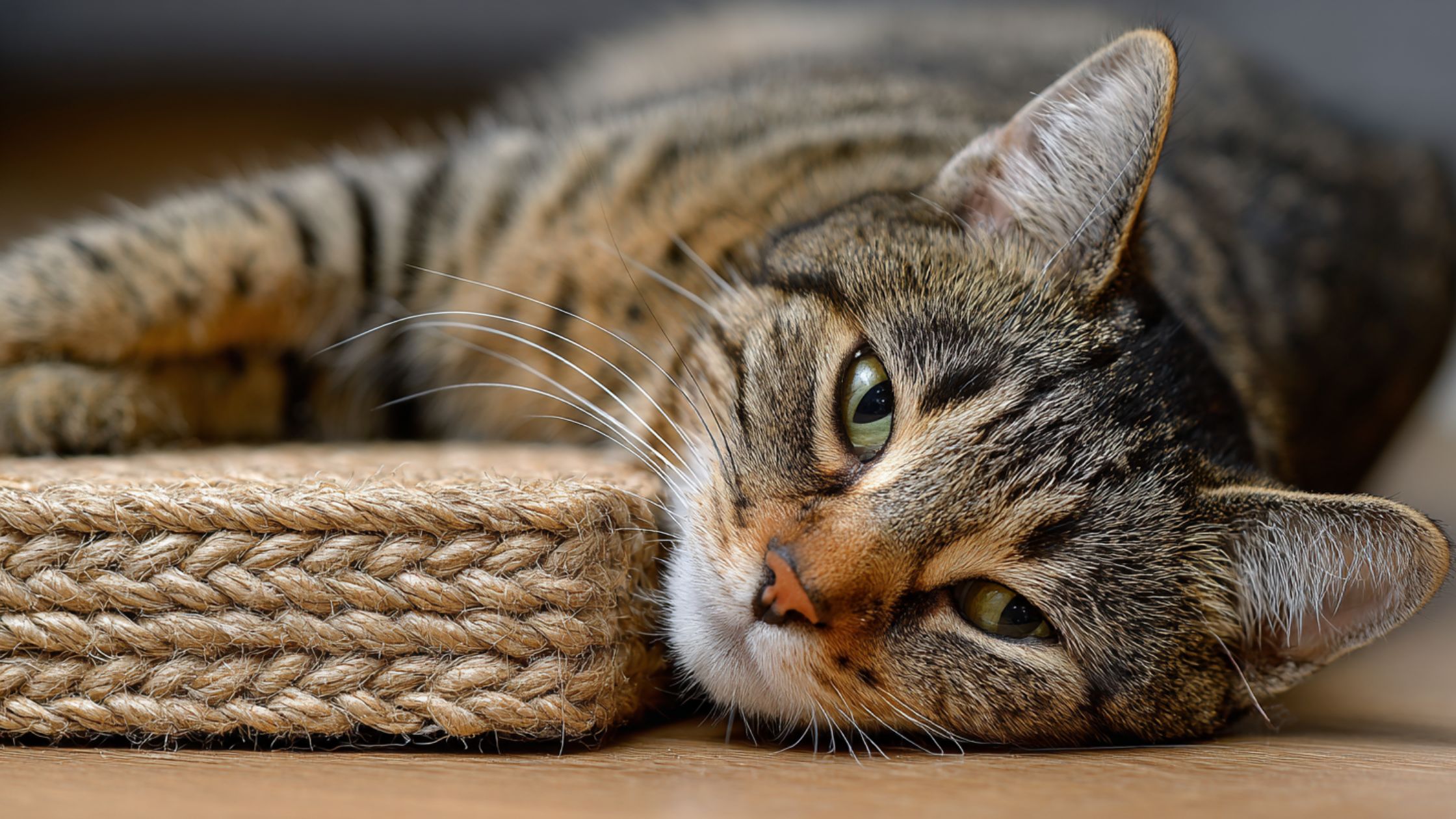 A cat rests in a cattery looking directly at the camera