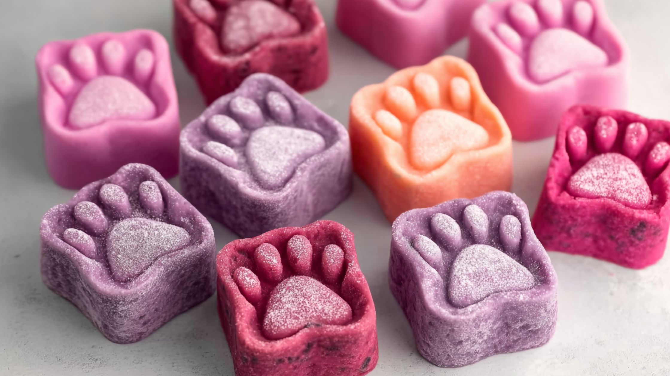A selection of frozen cat treat cubes in the shape of cat paws