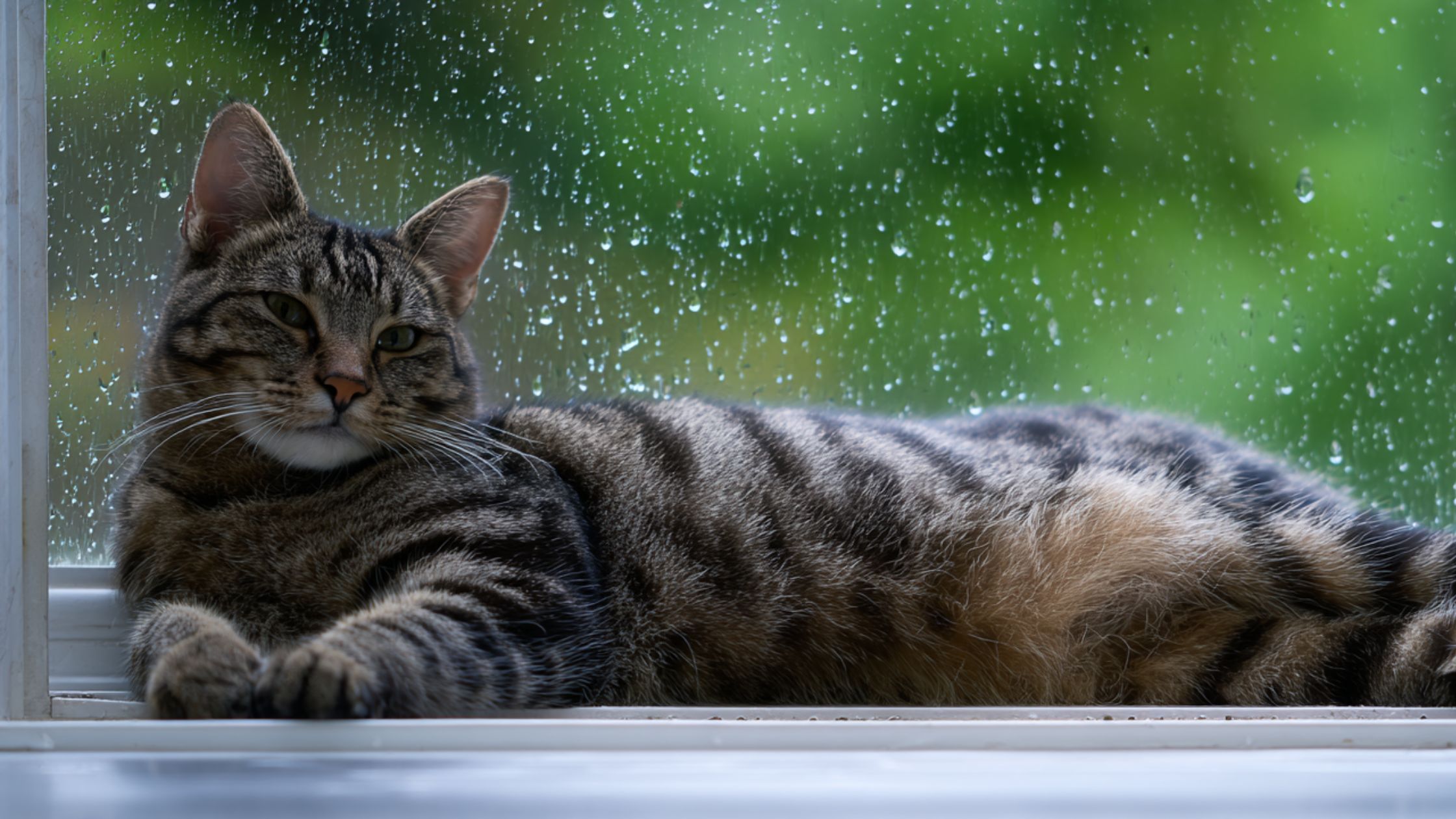 A cat sits beside a rainy window relaxing