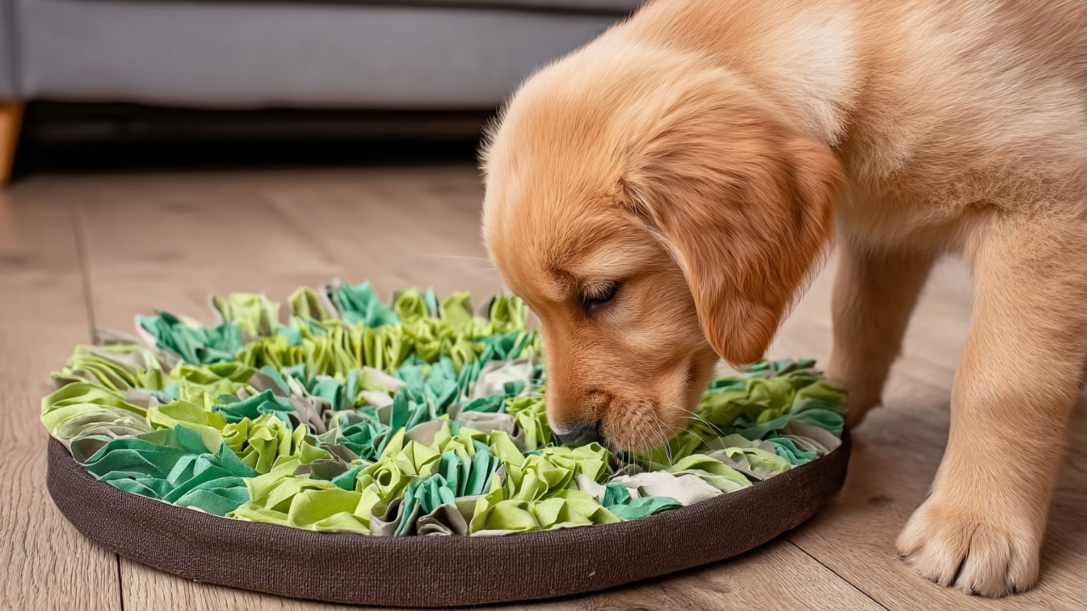 A golden retriever puppy uses a green snuffle mat for enrichment