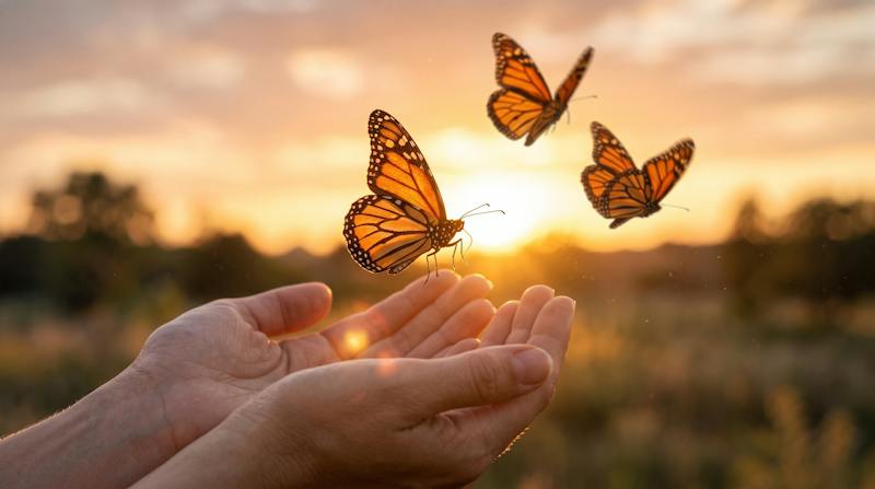 cupped hands releasing three butterflies with a sunset in the background