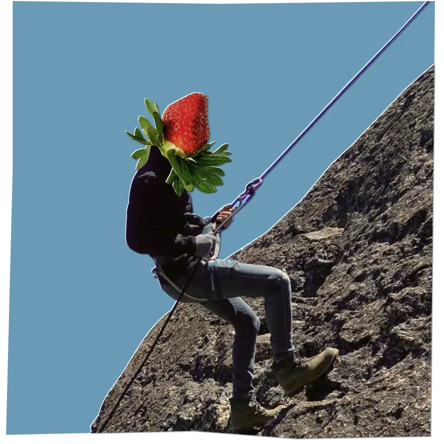 Cameron climbing a mountain, his head is replaced by a strawberry
