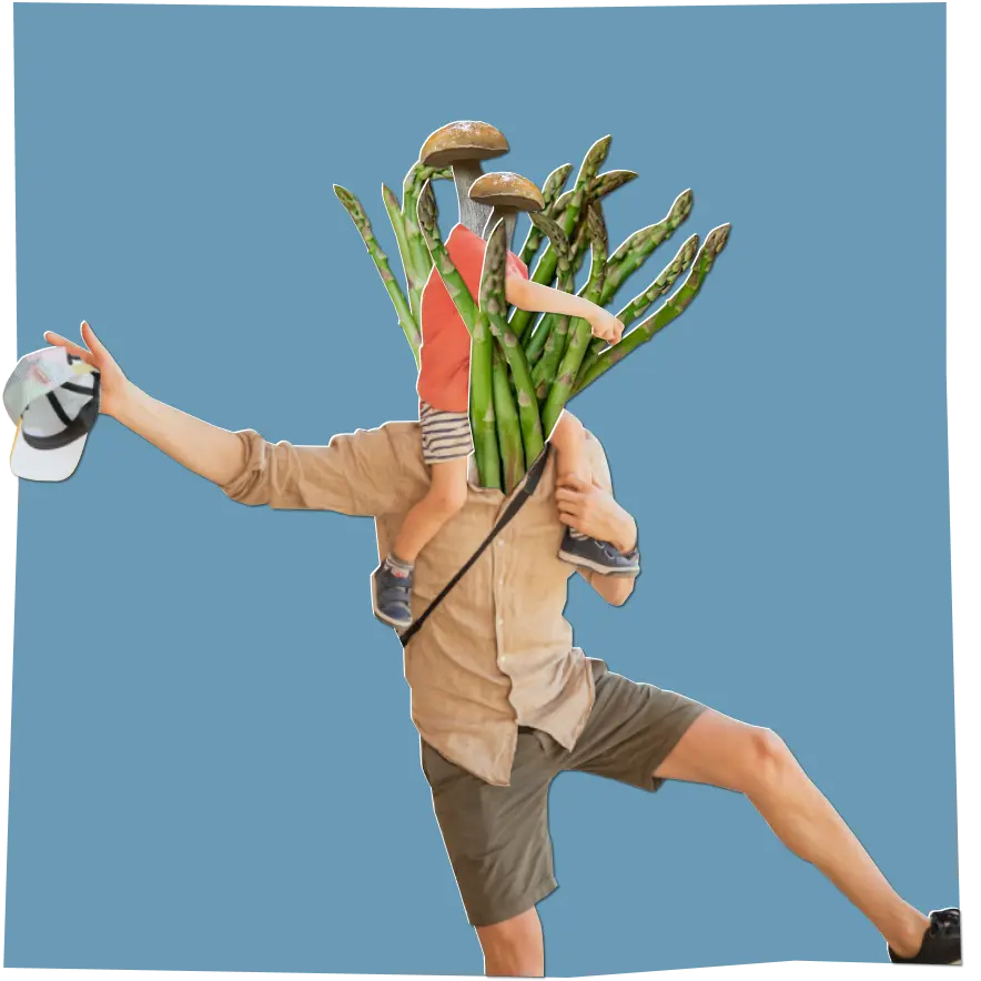 Philipp carrying his child, his head is replaced by asparagus, his son's head is replaced by mushrooms