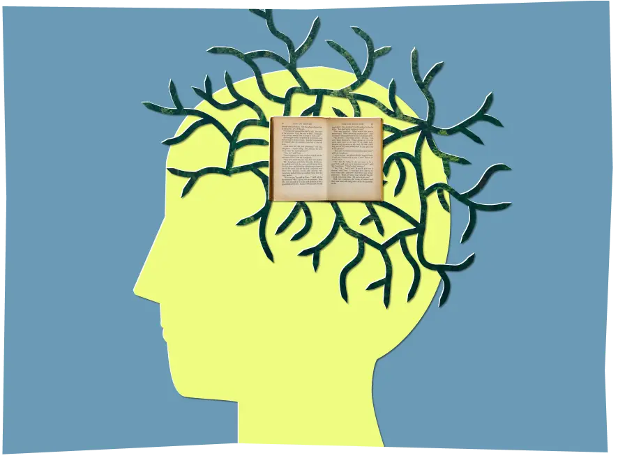 Collage of a yellow outline of a head, the brain is a network of roots with a storybook in the center