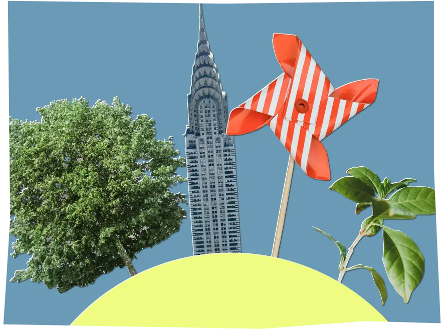 Collage of a tree, a pinwheel, the Chrysler building, and a sprout