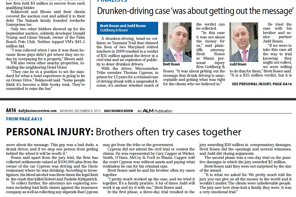 Brett Rosen & Judd Rosen Recognized as Finalist for Most Effective Lawyers in South Florida by Daily Business Review