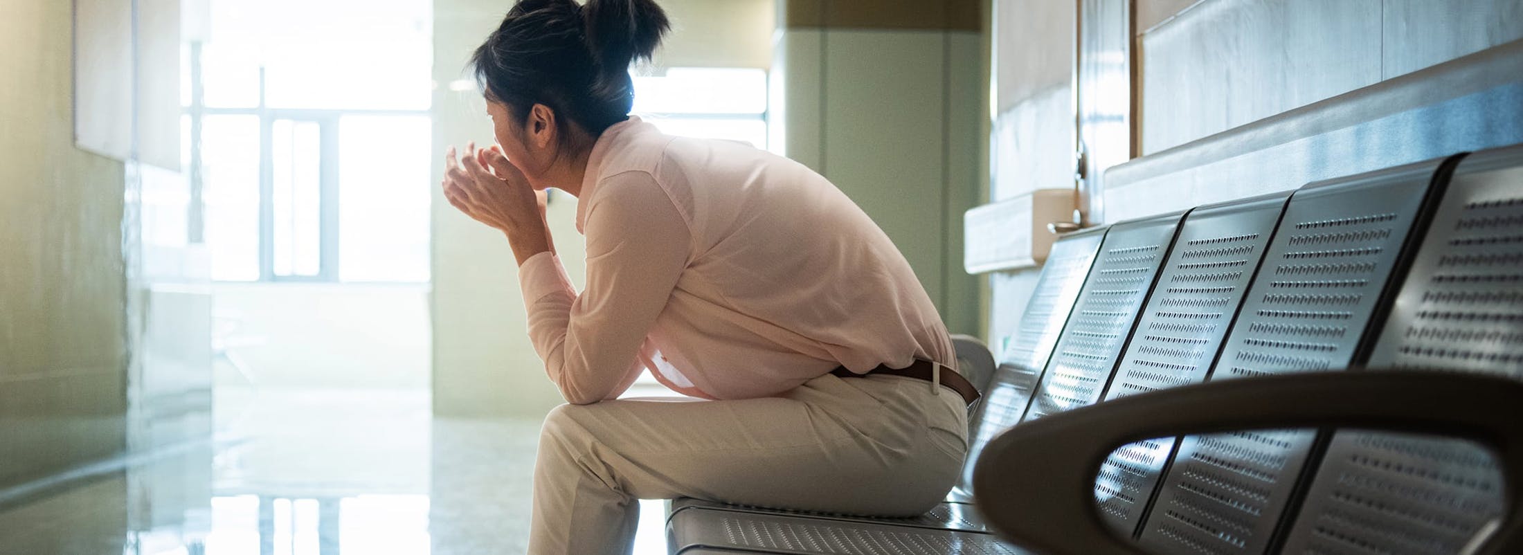 Distressed woman in medical center