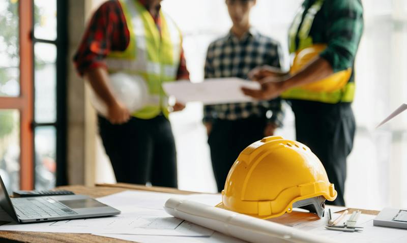Construction workers looking over paper together