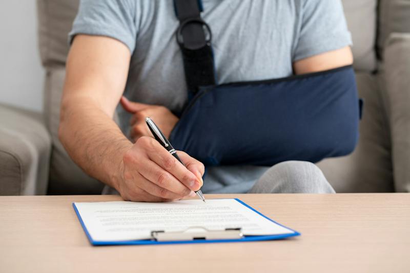 Person with arm sling signing document