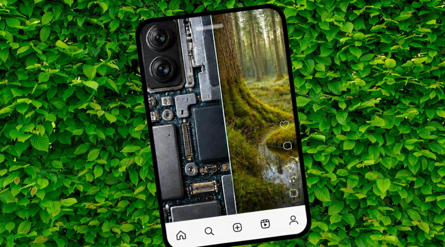 Smartphone with components and nature elements on leafy background