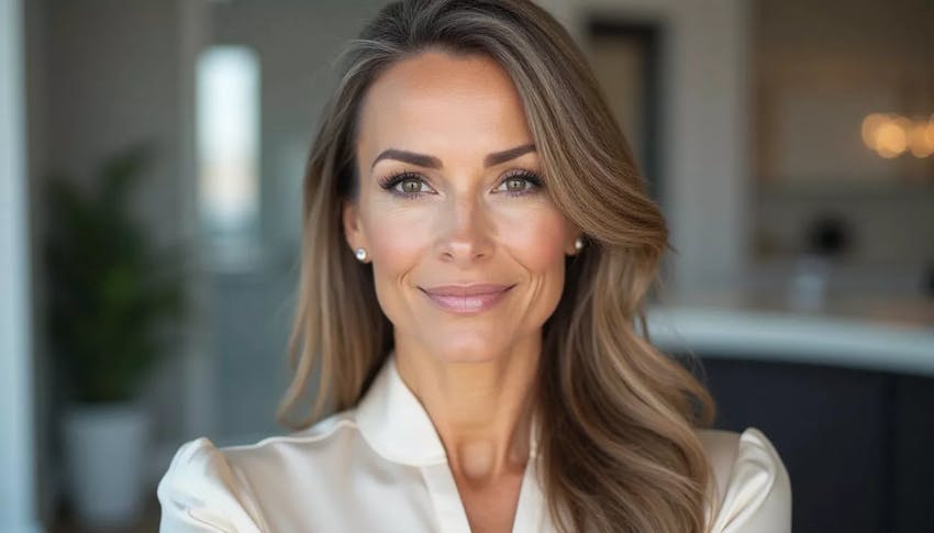 Gorgeous woman in her late 40s with a perfect jawline shows the potential results of a deep plane facelift in Las Vegas with Dr. Stile