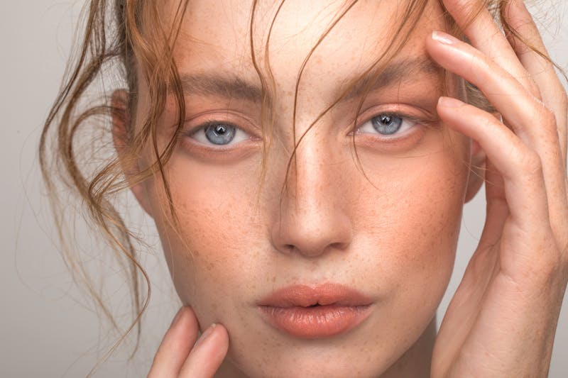 Close up of beautiful woman's face in studio shoot