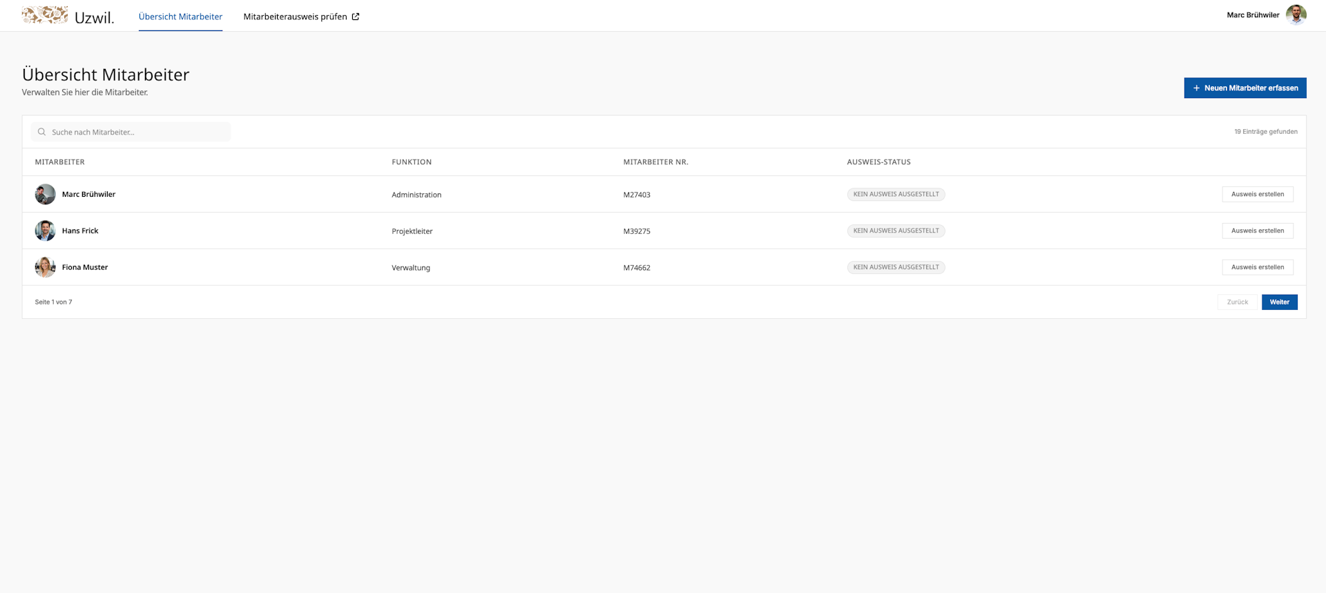 Vorschau Mitarbeiterübersicht