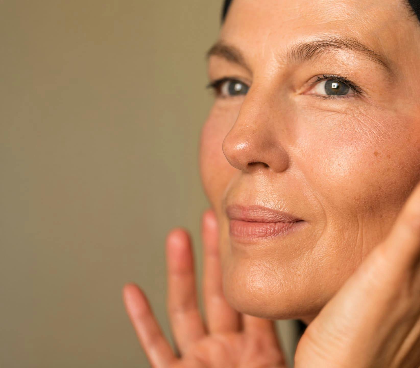 woman close up touching her cheeks