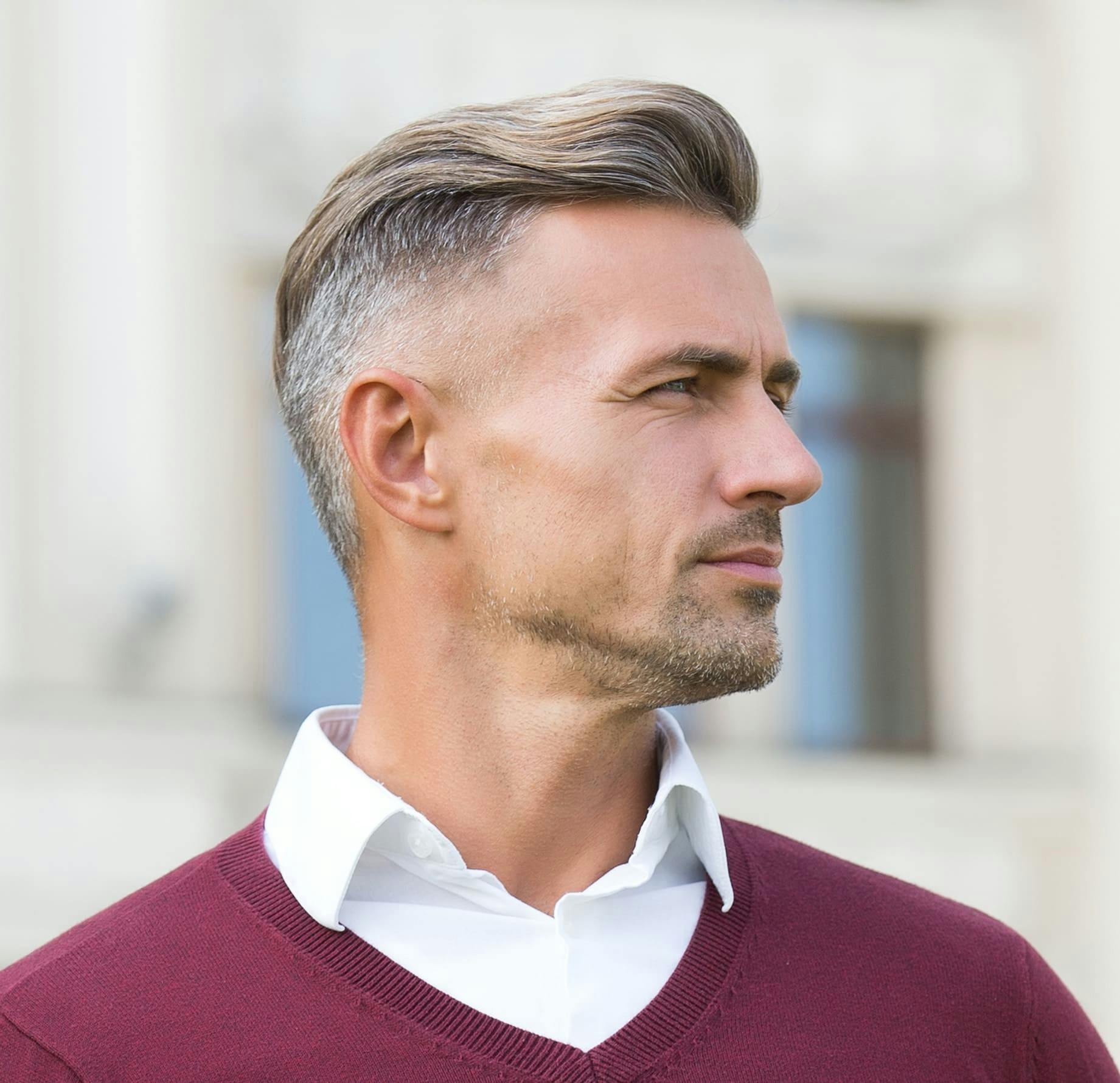 man facing to the side with hair combed back