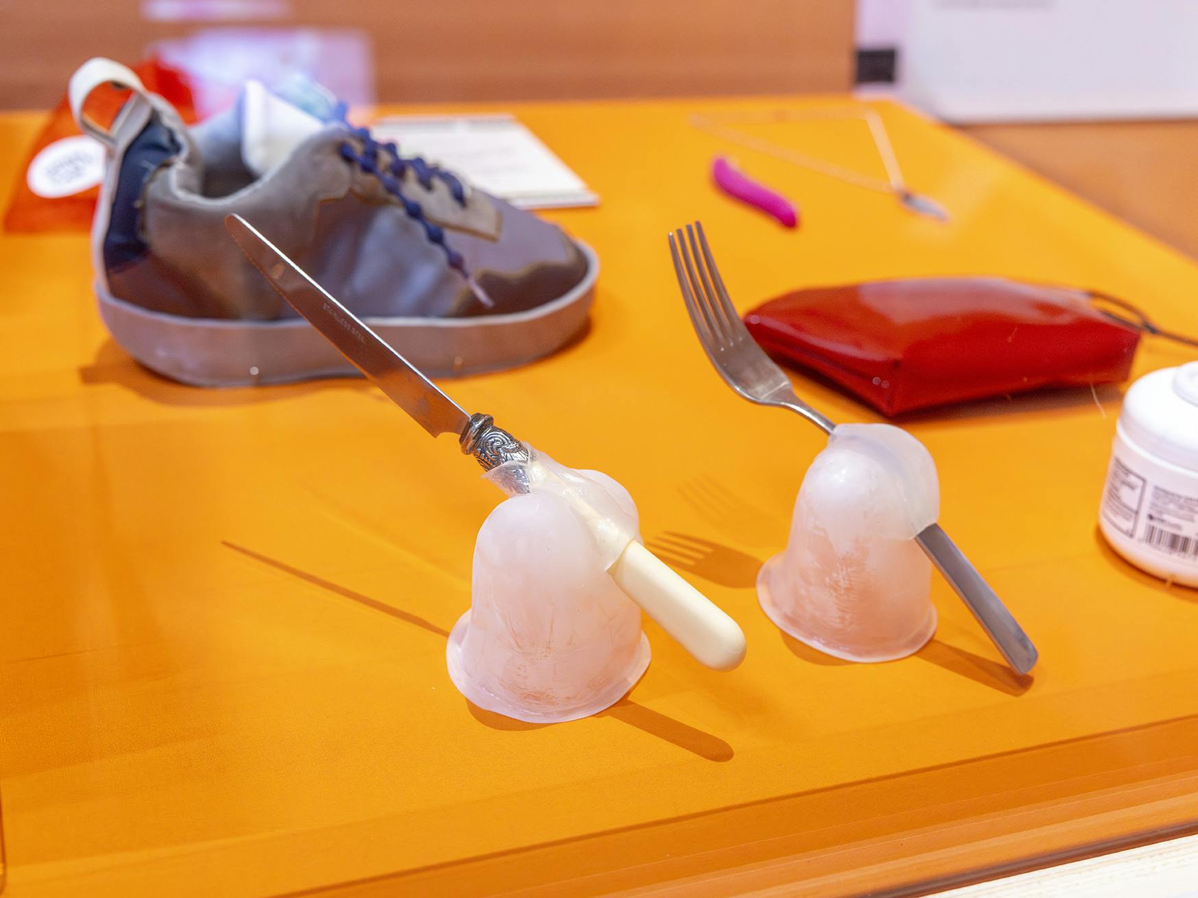 London, V&A South Kensington. "Design and Disability" exhibition. London, V&A South Kensington. "Design and Disability" exhibition. A fork and a knife, as part of the cutlery on a table.