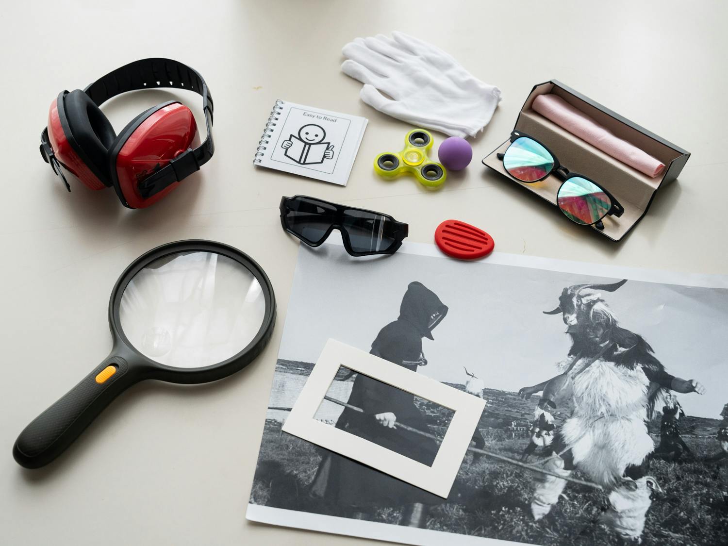 Roma, MUCIV, Museo delle Civiltà. Mostra "Le fiabe sono vere". Alcuni degli oggetti contenuti nel Focus Box e Sensory Bag disponibili al museo: cuffie anti rumore, lente di ingrandimento con led, schede easy read, occhiali da sole, elementi anti-stress, guanti in tessuto, occhiali per daltonismo, ingrandimenti in formato A3 di foto, focalizzatore di sguardo in formato rettangolare.