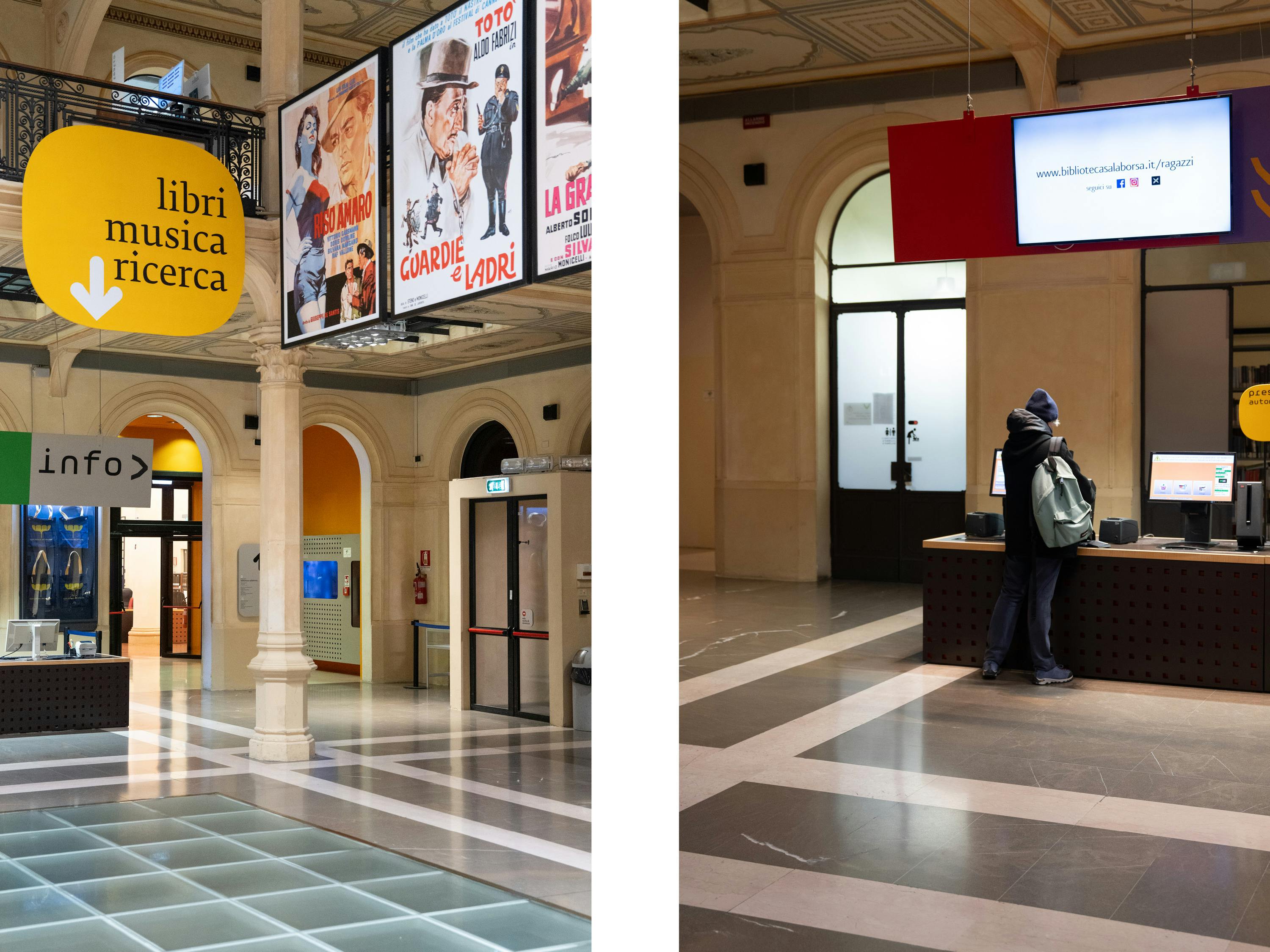 Bologna, Biblioteca Salaborsa. Bologna, Biblioteca Salaborsa. Montaggio: desk info e desk prestito