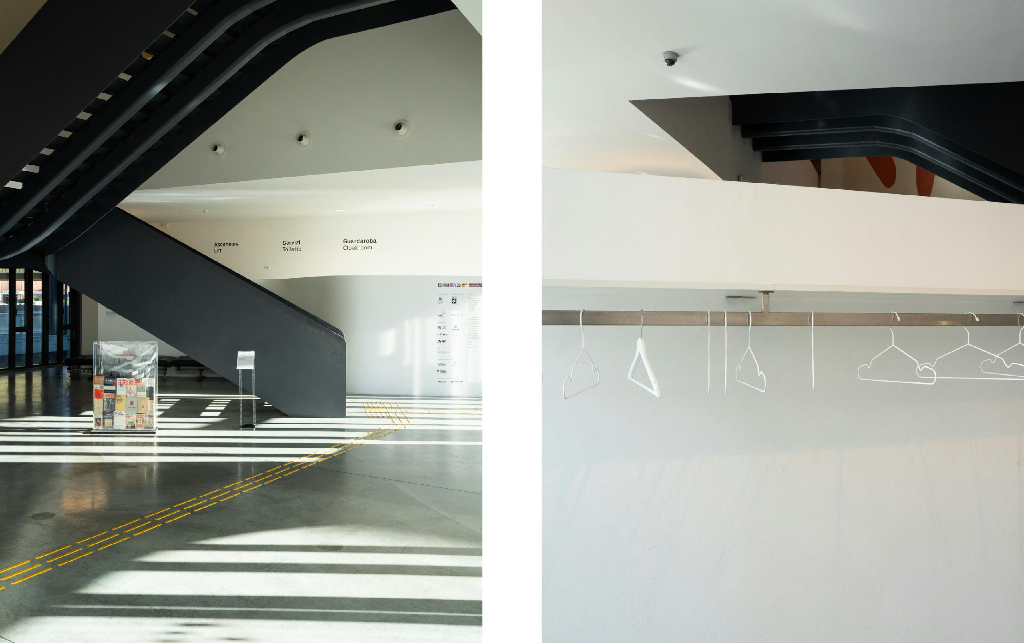 Prato, Centro per l'Arte Contemporanea Luigi Pecci. Montaggio: ingresso e guardaroba.