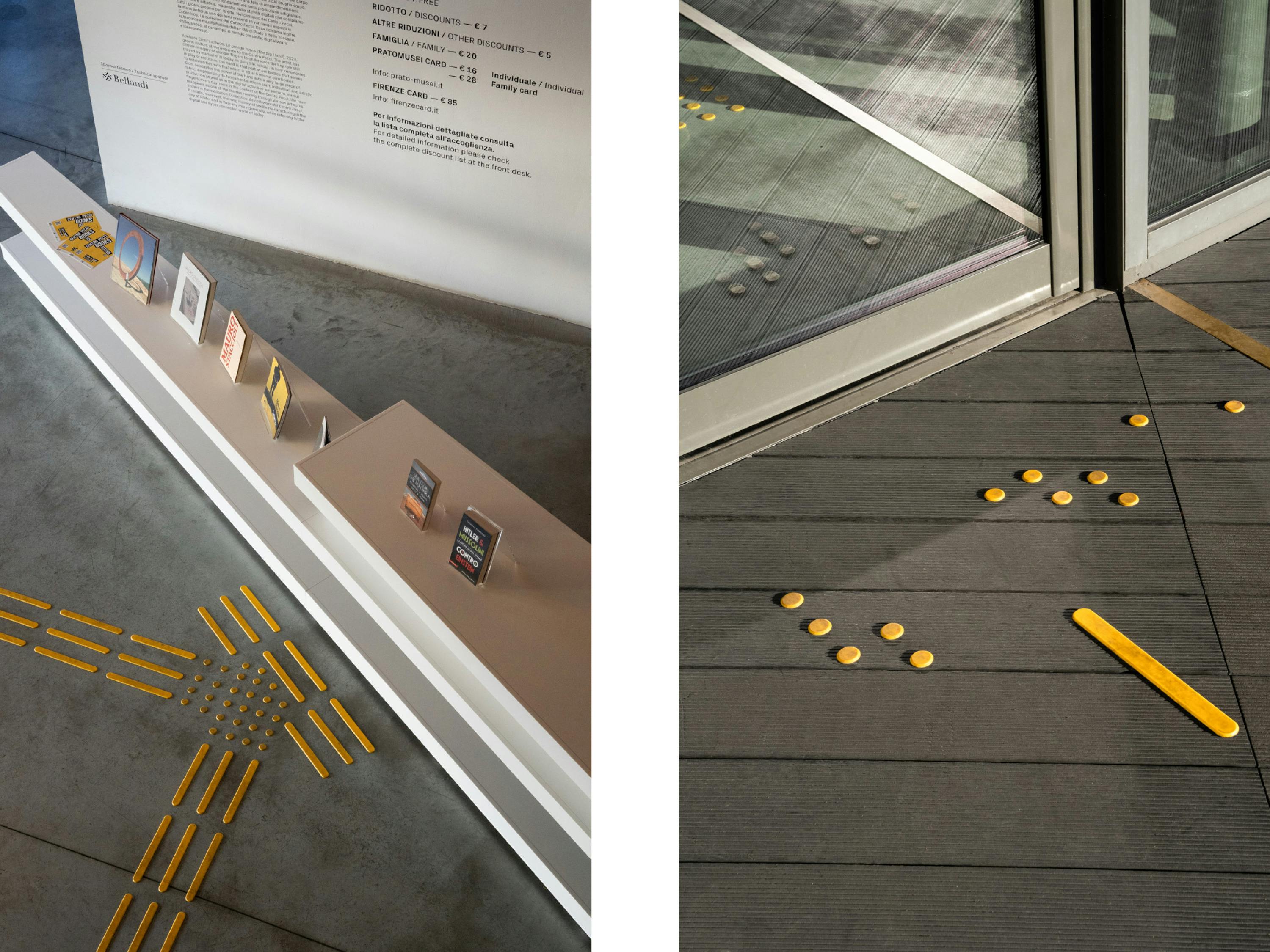 Prato, Centro per l'Arte Contemporanea Luigi Pecci. Prato, Centro per l'Arte Contemporanea Luigi Pecci. Montaggio camminamenti per persone con disabilità visiva