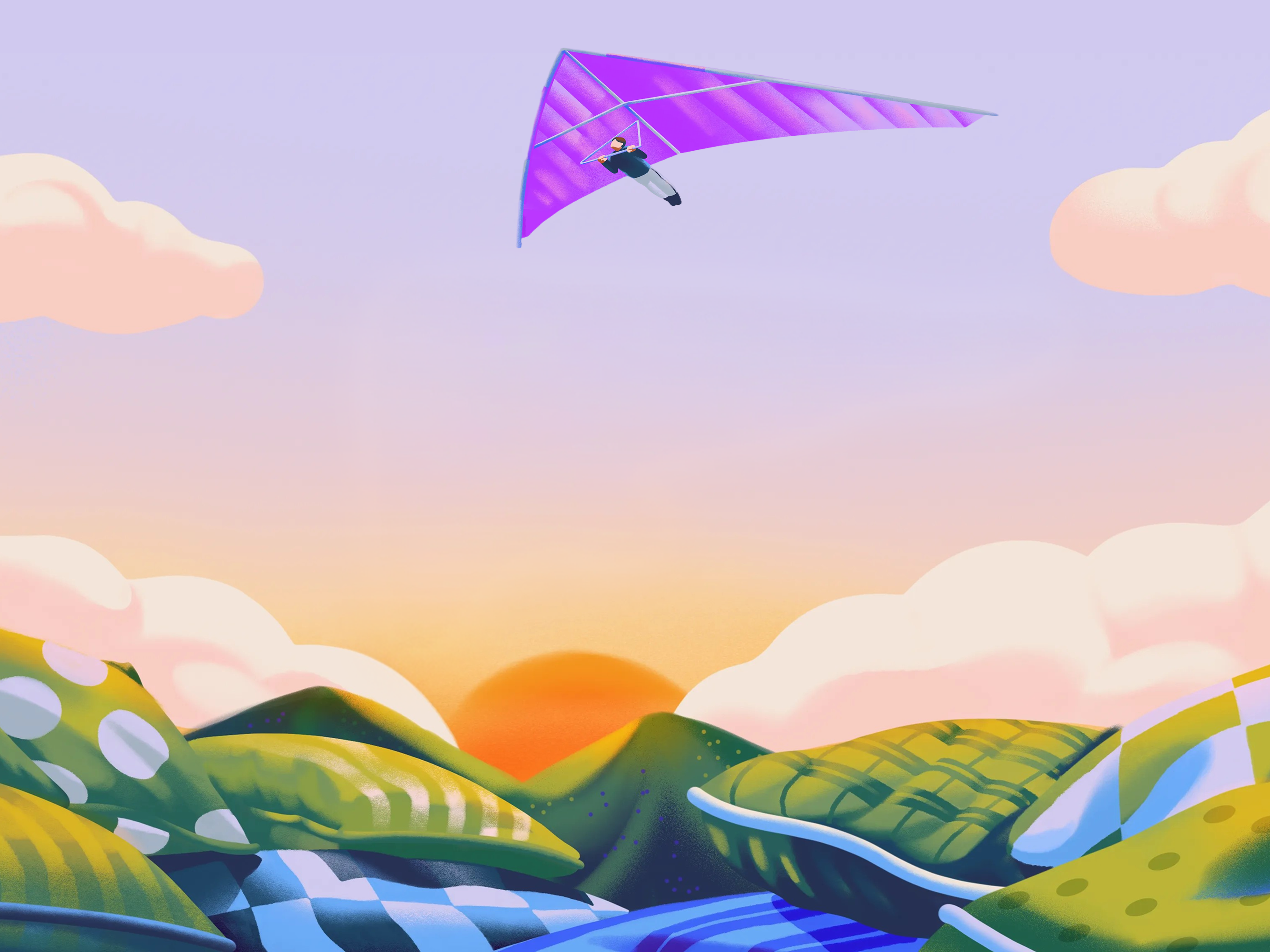 Ilustração de uma pessoa voando em uma asa-delta roxa sobre uma paisagem criativa de almofadas com pôr do sol ao fundo.