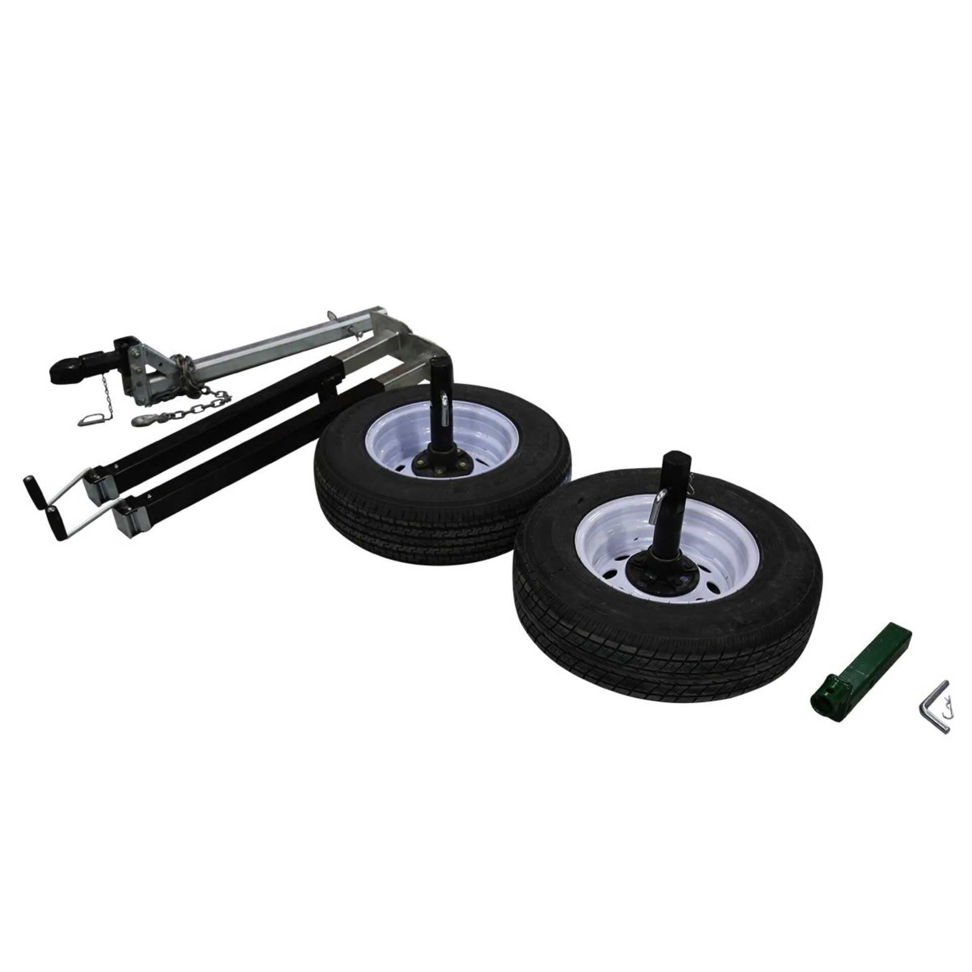 Portable cattle chute wheel kit parts including tires, hitch, and jacks for transport setup
