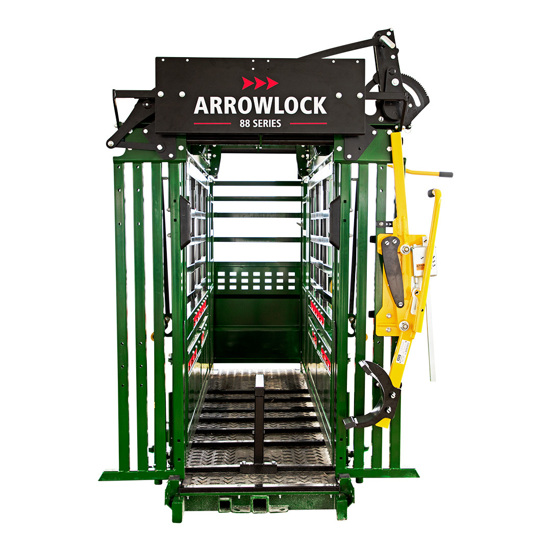 Arrowlock 88 Series cattle squeeze chute with squeeze and head gate wide open