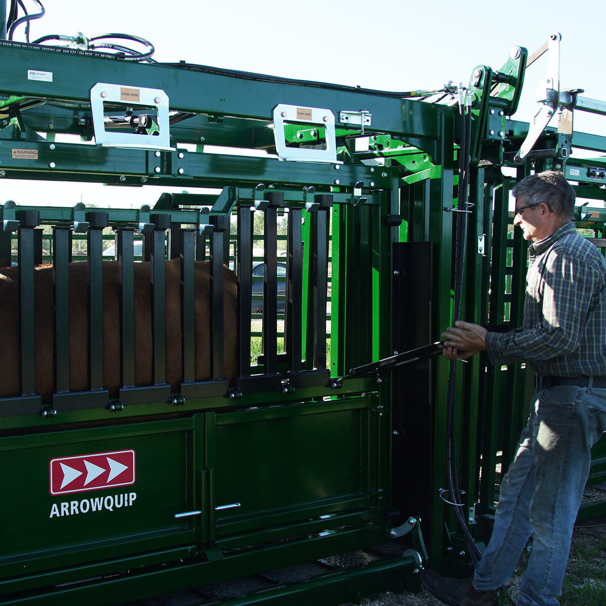 Colonel Feedlot Hydraulic Chute with rancher using side panel access