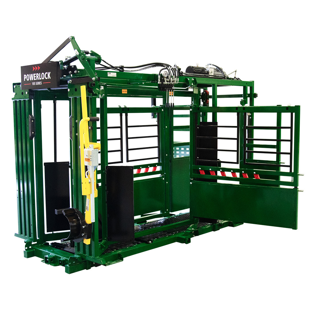 Powerlock 105 series hydraulic squeeze chute with emergency exit door open