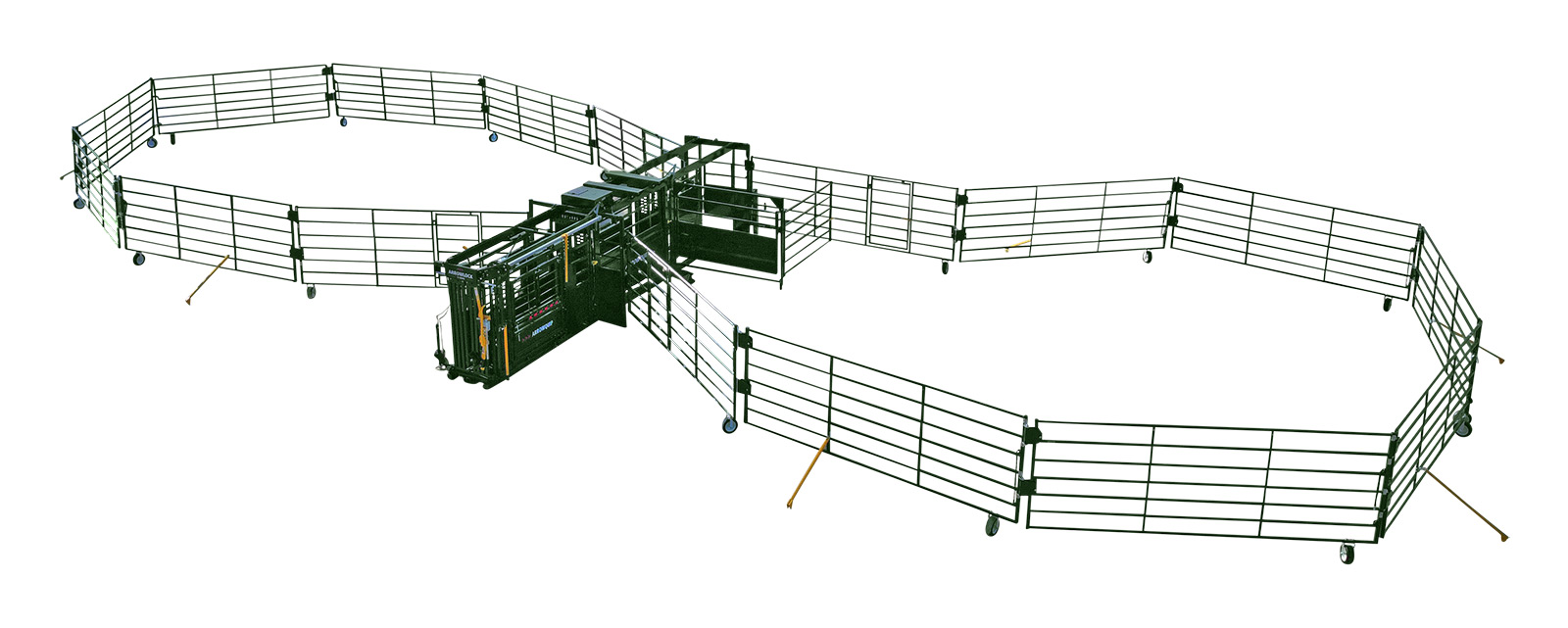 Heeler 75C Manual Portable Corral Chute and Alley overhead shot pens and bud box fully set up