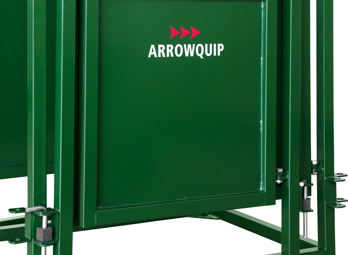 Close up of arrowquip logo on sheeted side panel of cattle sorting alley