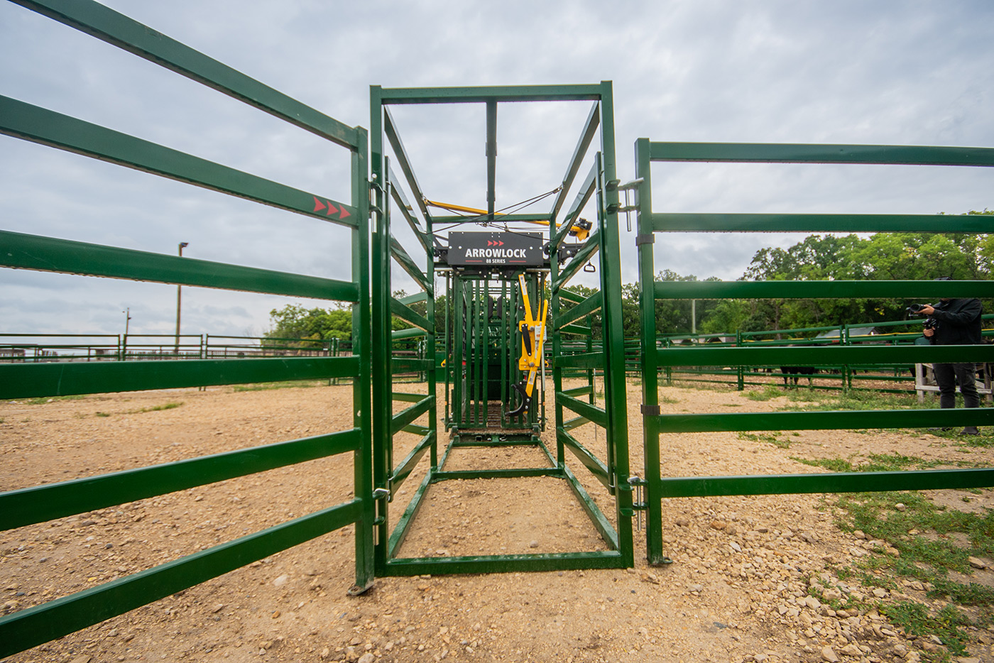 front view of post chute draft module attached to arrowlock manual cattle chute with head holder