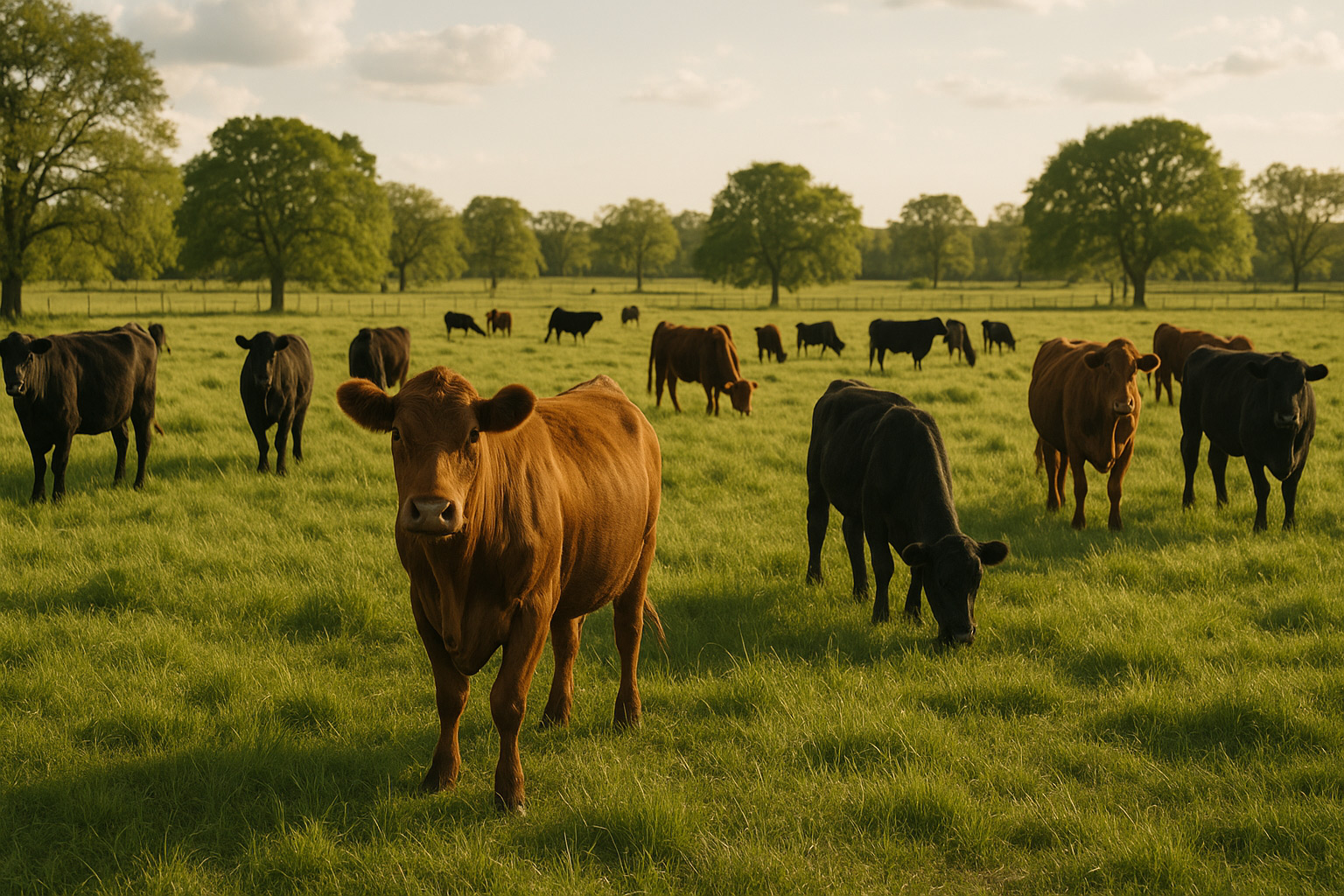 Cattle standing and grazing in cattle pasture