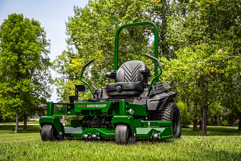 Side view of Arrowquip 720 commercial zero-turn mower showing reinforced deck and frame