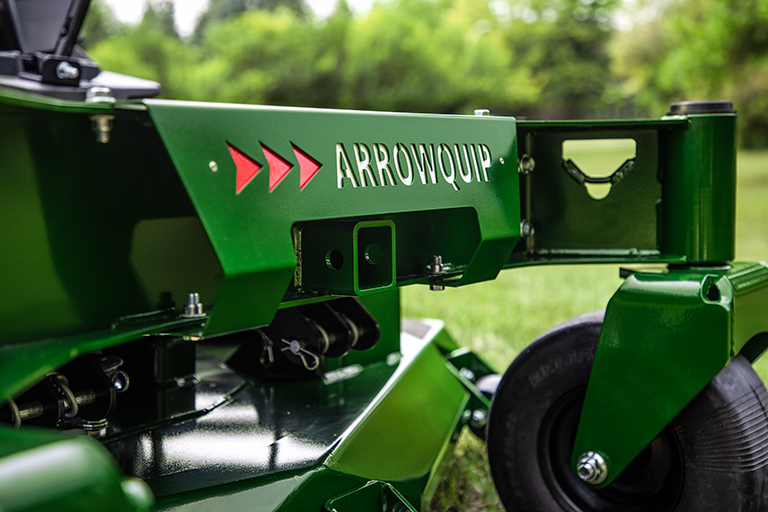 Arrowquip 720 zero-turn mower front hitch and badge detail with reinforced steel frame