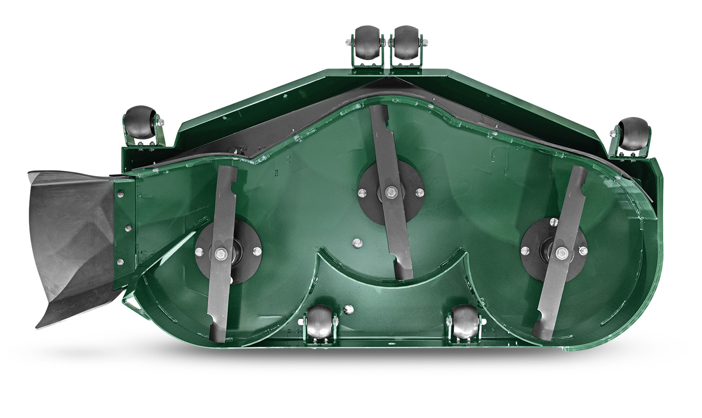 Underside of Arrowquip Mowers zero-turn mower deck with reinforced blades for clean cutting