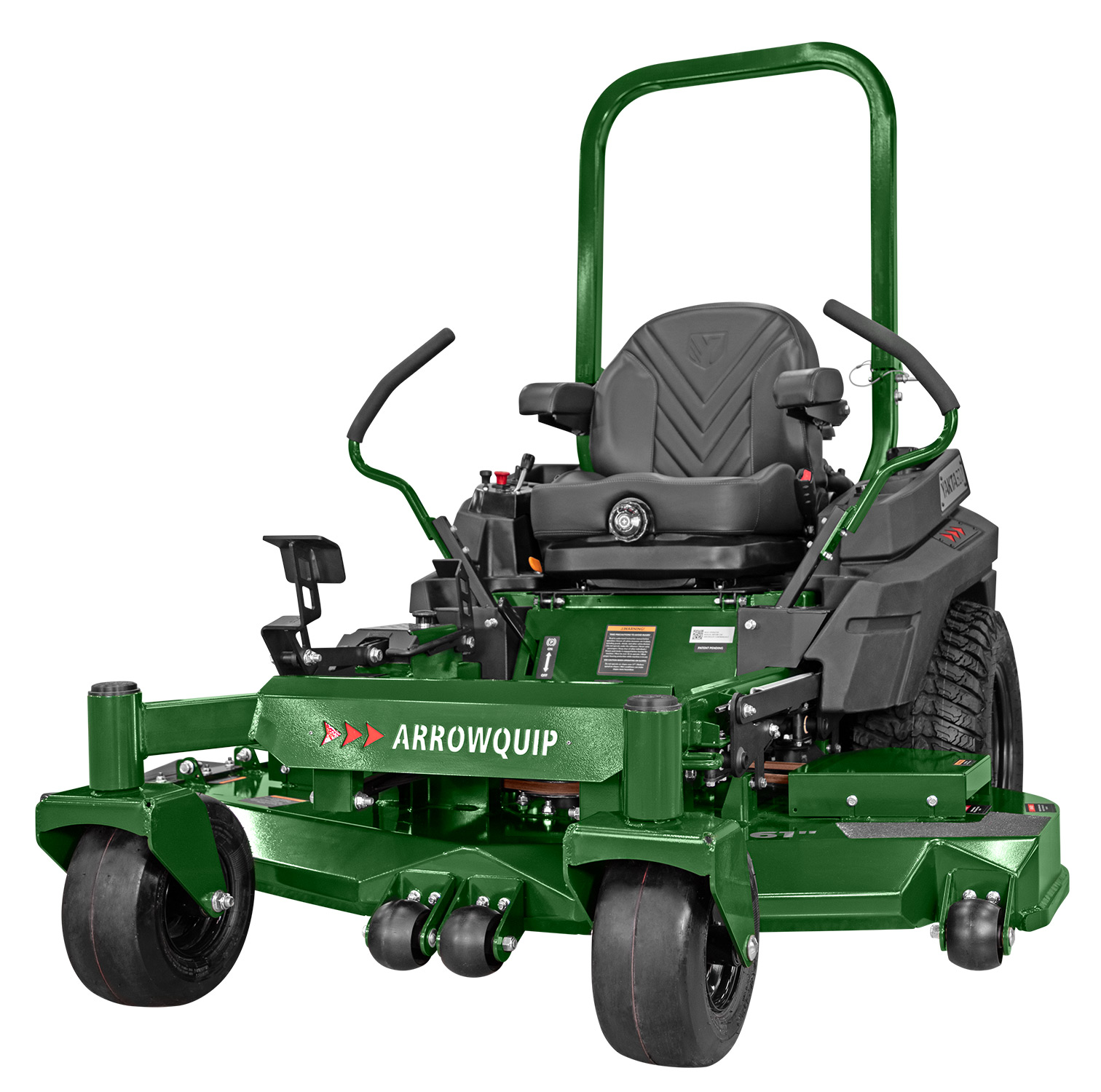 Left front view of Arrowquip Mowers zero-turn mower built for durability and smooth handling