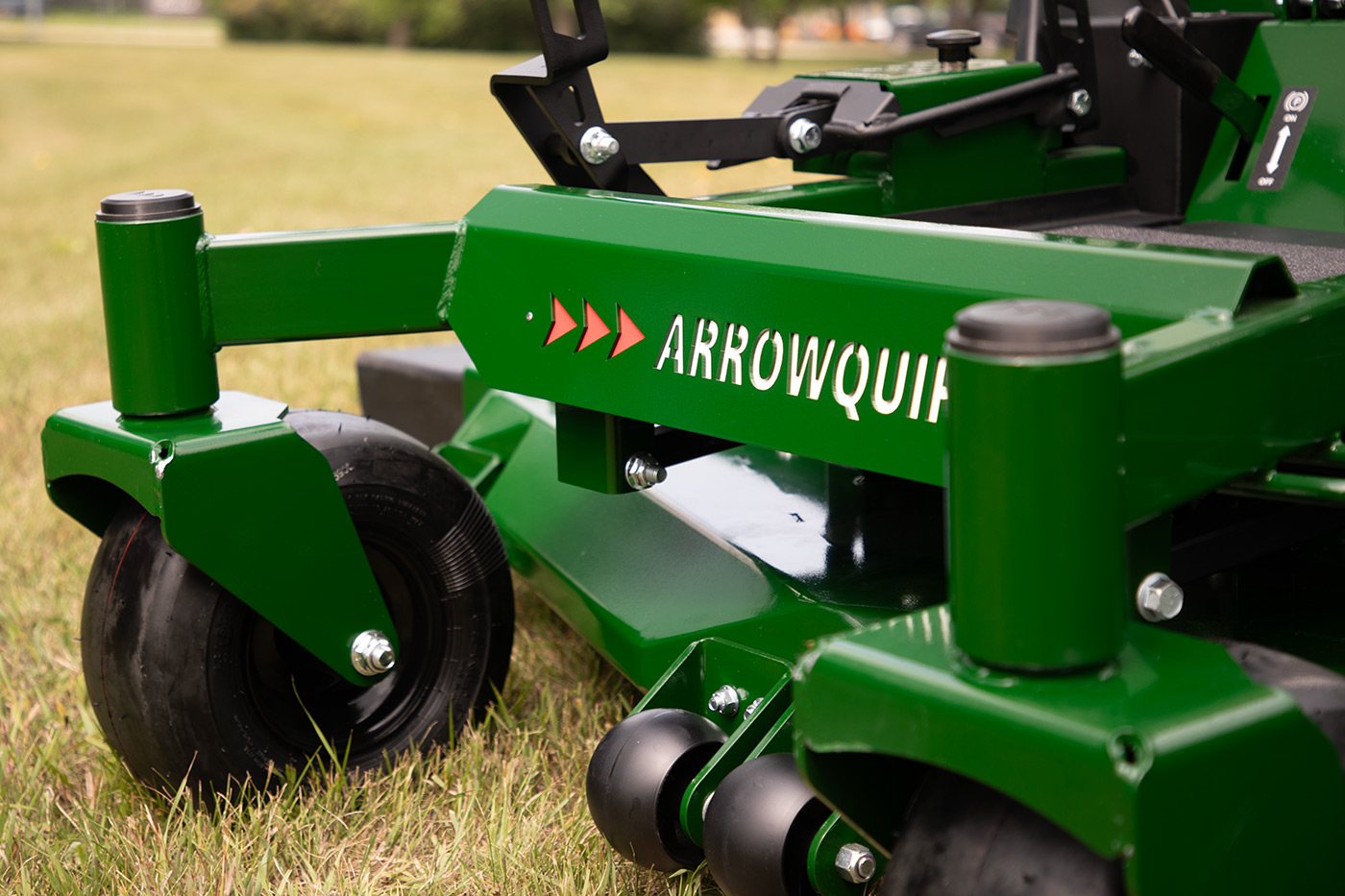 Arrowquip Mowers zero-turn mower front frame with reinforced caster wheels and steel deck