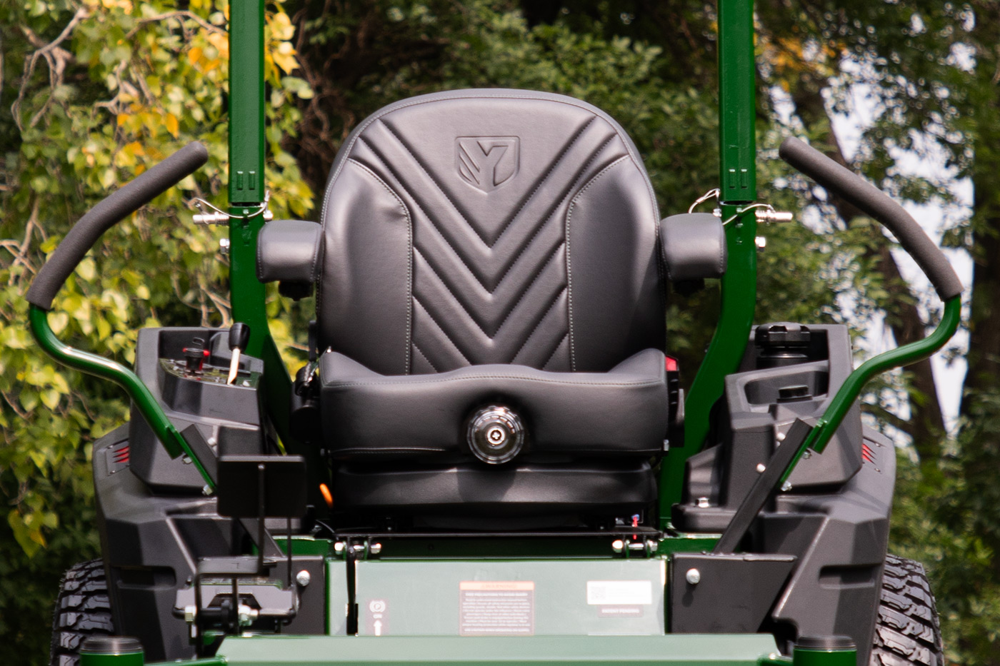 Front view of Arrowquip Mowers zero-turn mower upgraded seat built for comfort and durability