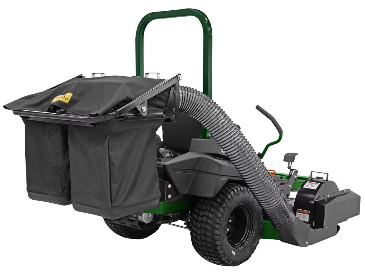 Arrowquip Mowers double bagger attachment for zero-turn mowers, designed for efficient grass collection