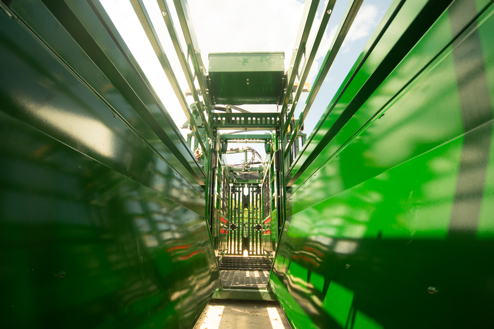 alley view of light coming through Cattle Head Gate on chute to guide cattle forward