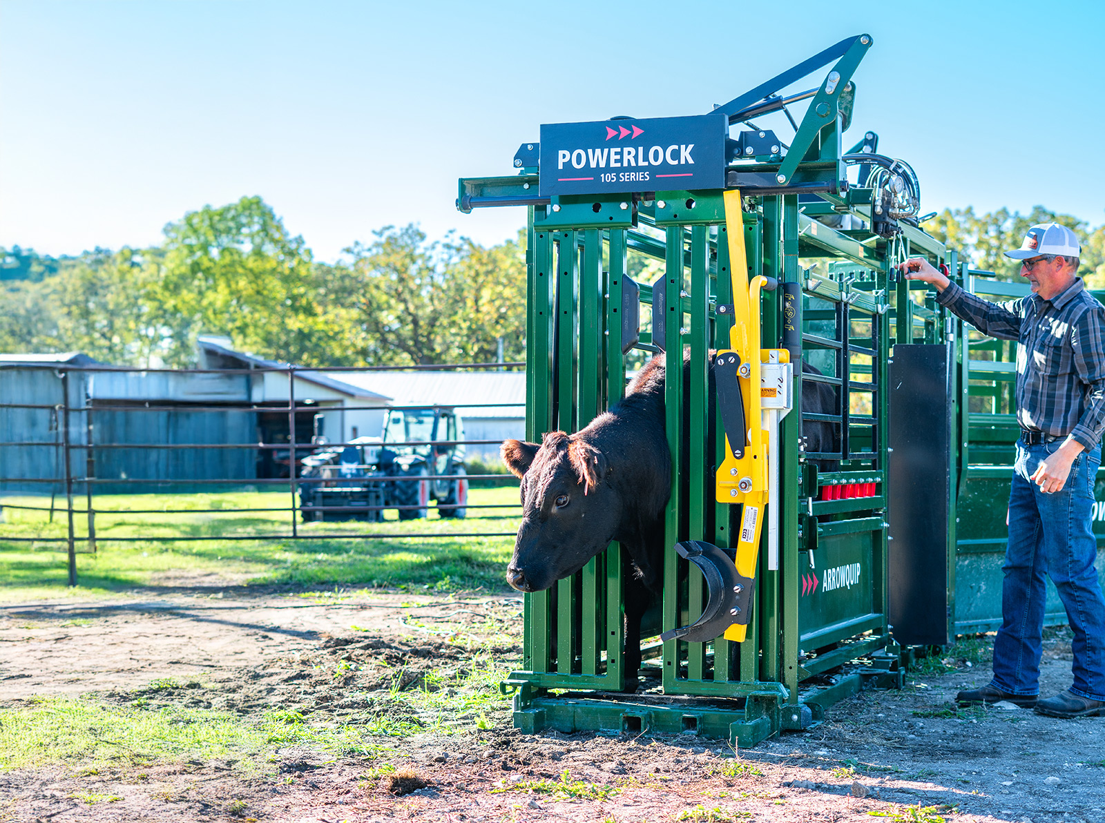 Powerlock 105 Hydraulic Cattle Chute hydraulic controls being used by rancher with black cow in head gate