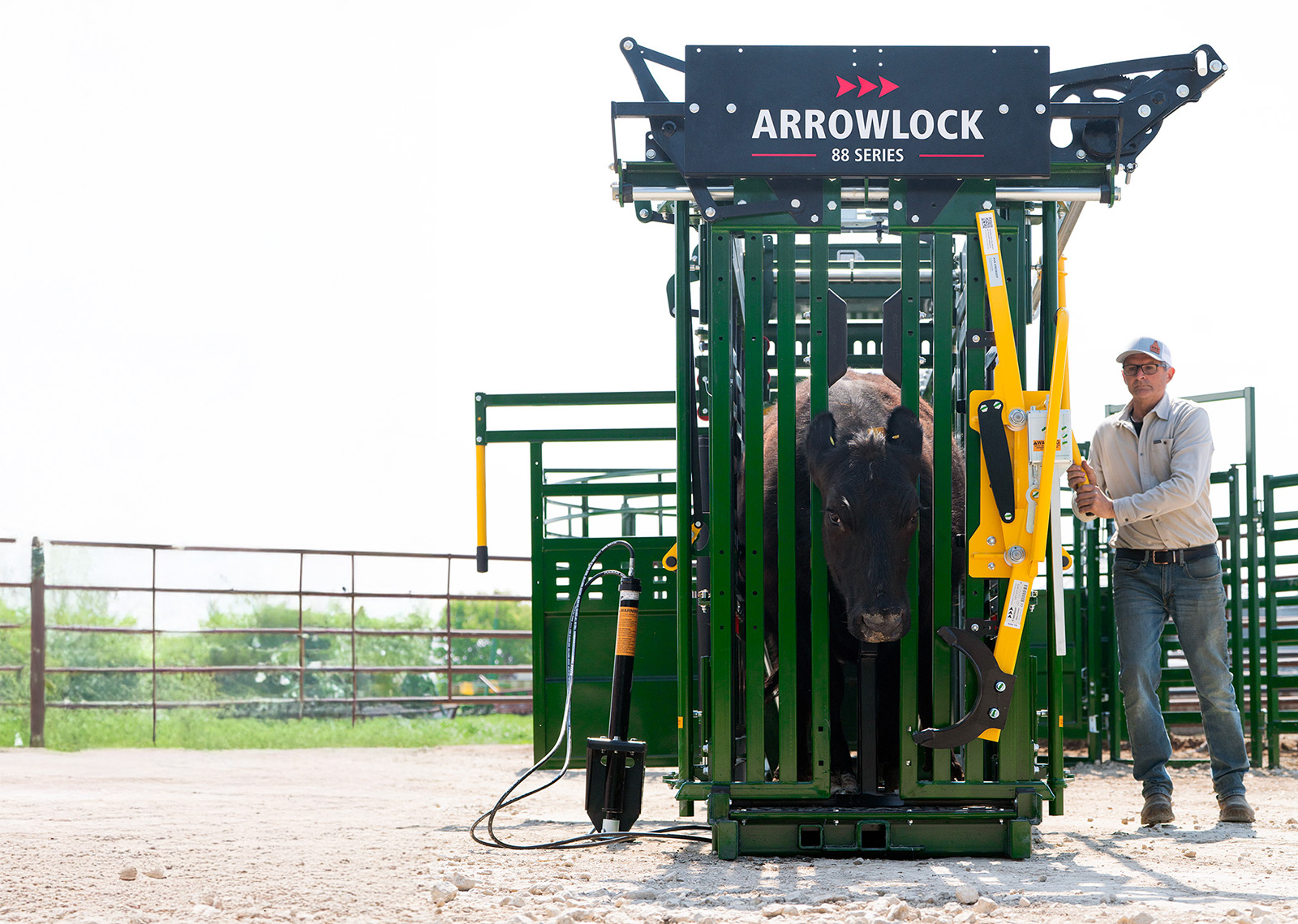 Racher operating head gate handle Arrowlock 88 series Cattle Squeeze Chute head gate secure hold with black cow