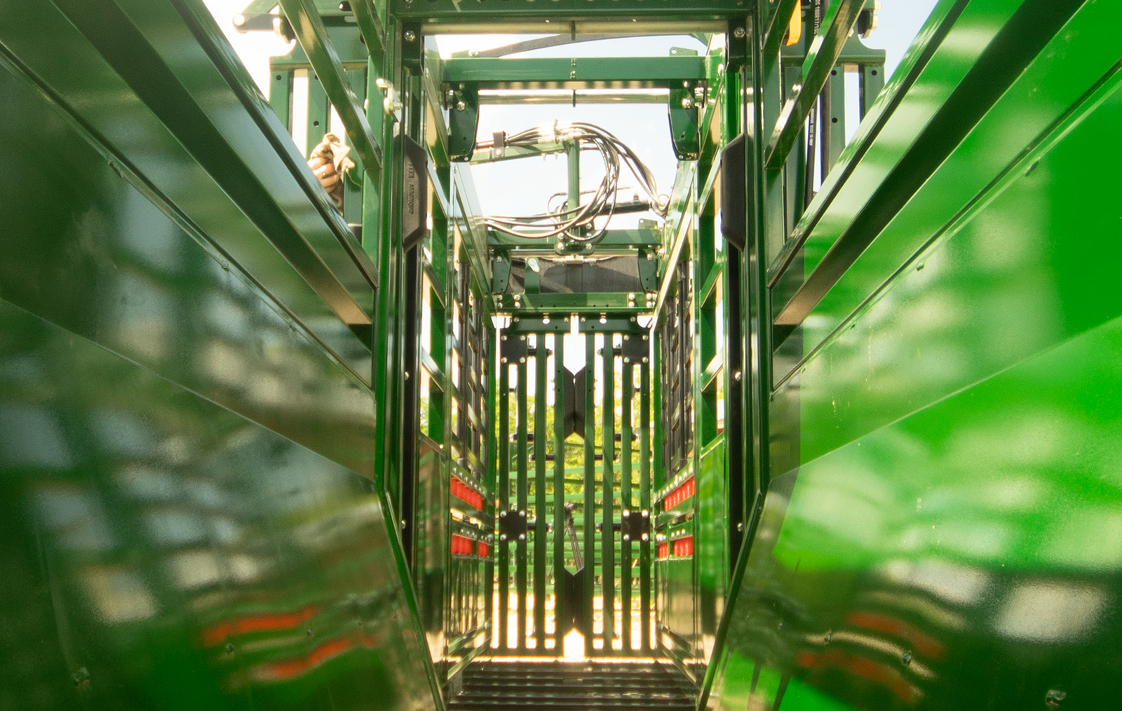 3E concept showing light through barred head gate to guide cattle through Powerlock 108 hydraulic cattle chute
