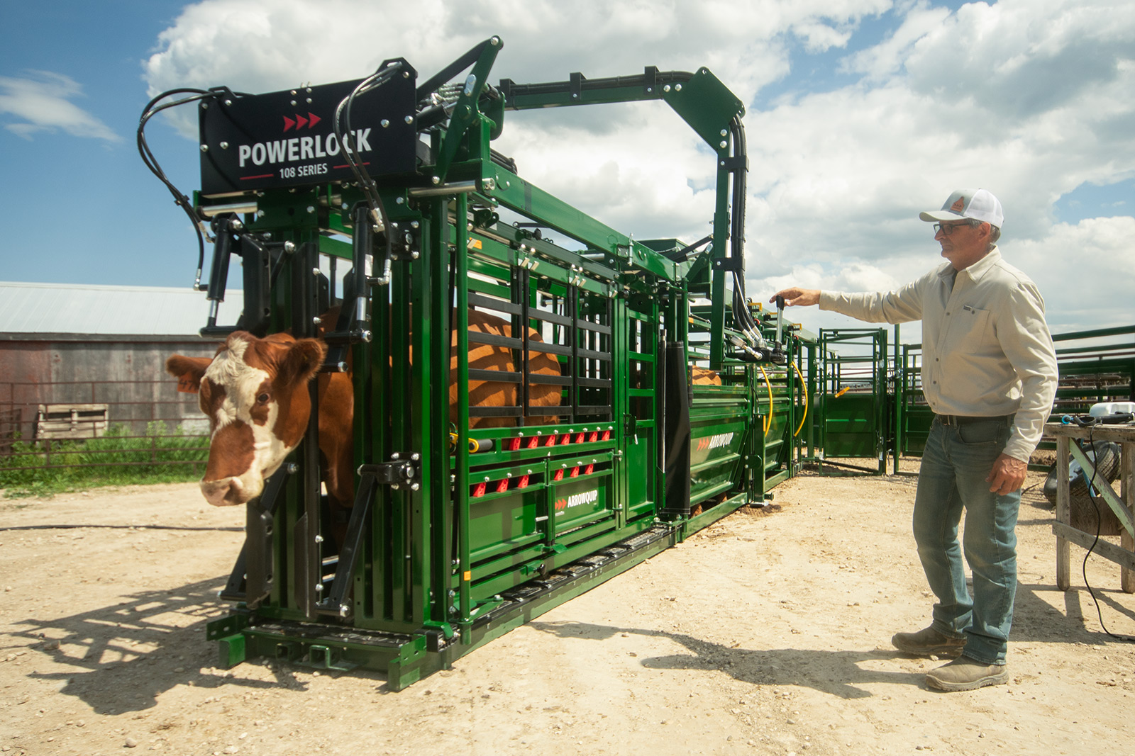 rancher using hydraulic control on pivot arm of Powerlock 108 series hydraulic cattle chute with brown cow in head gate
