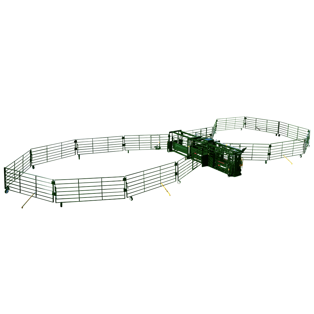The Heeler 75C portable chute alley and corral pens set up ready to work cattle