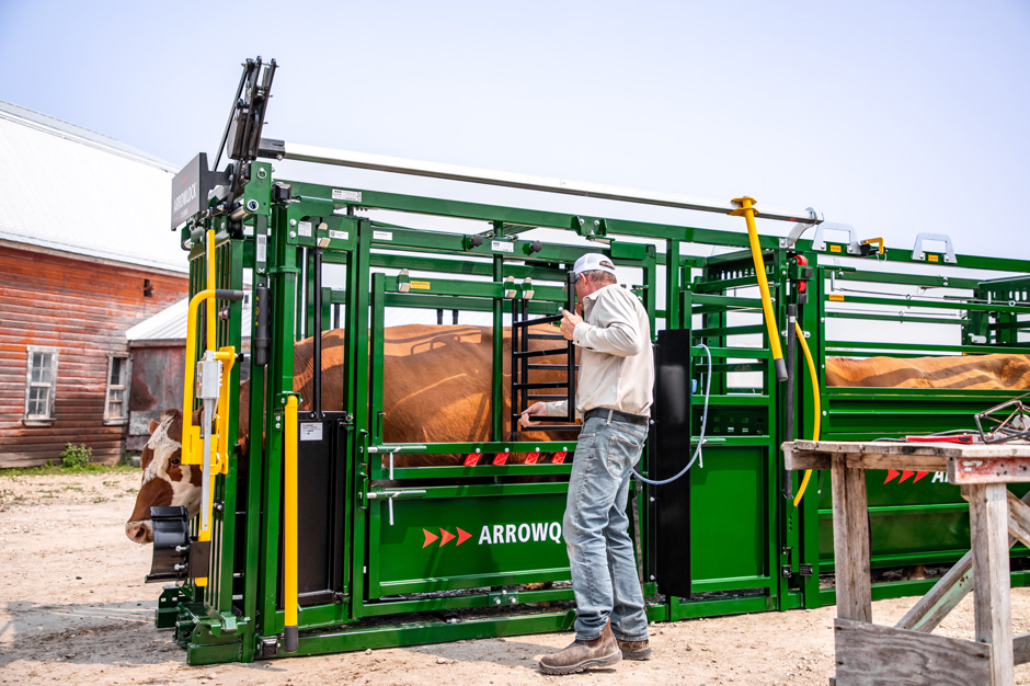 Rancher inserting side access panel of top side access door after working on a brown cow in Arrowlock 75 series squeeze chute