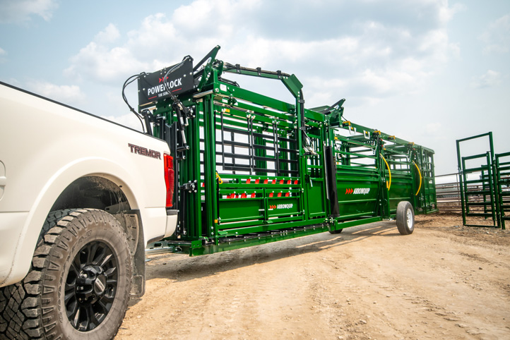Transporting Powerlock 108 Portable Series Chute, Alley and Tub into cattle yard
