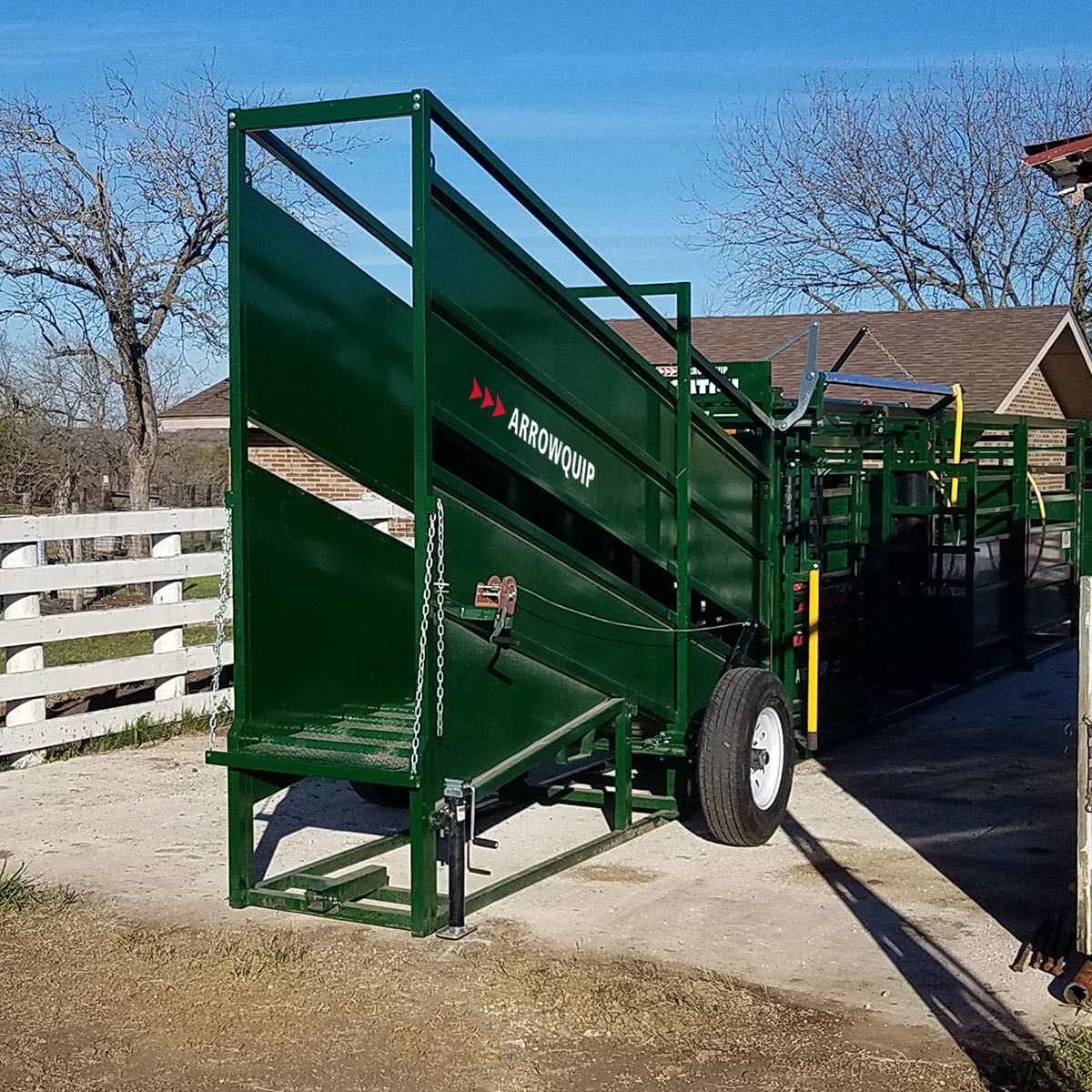 Portable cattle loading chute attached to Q-Catch cattle chute to load out livestock