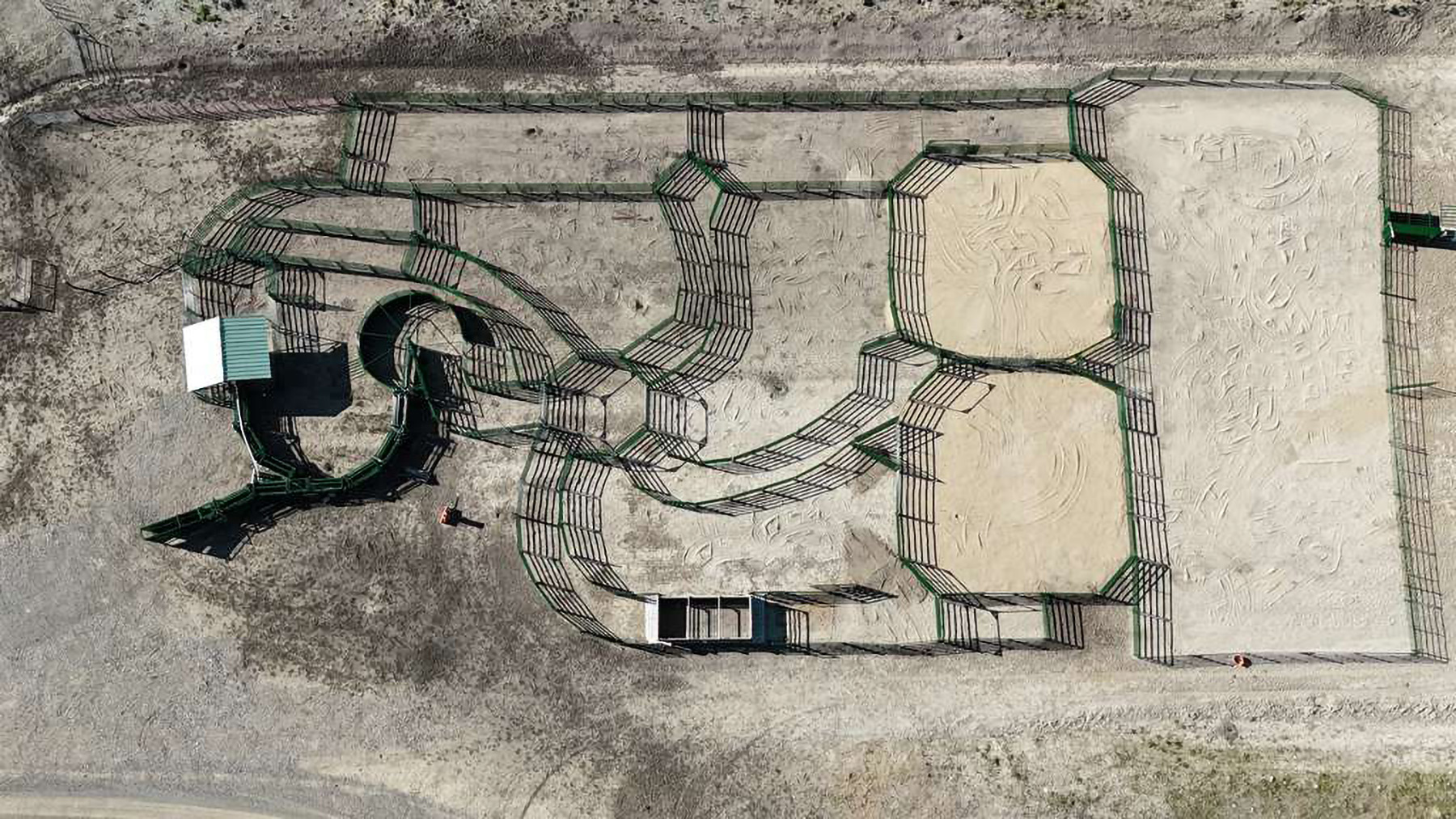Aerial view large Arrowquip cattle handling system designed with cattle's instincts and for optimal cattle flow